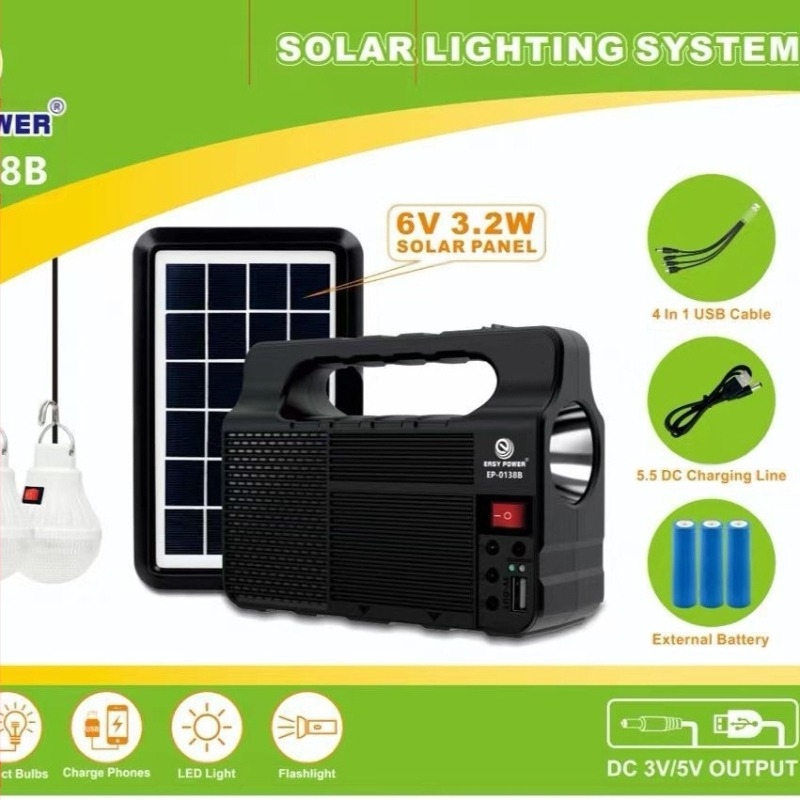 Sistem solar portabil LED – proiector și lanternă, baterie 3600, ieșire 5V, panou PV 555, frecvență 50–60 Hz