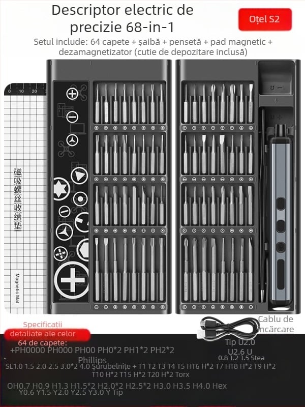 Set de șurubelnițe electrice multifuncțional 68‑în‑1, reîncărcabil – oțel carbon
