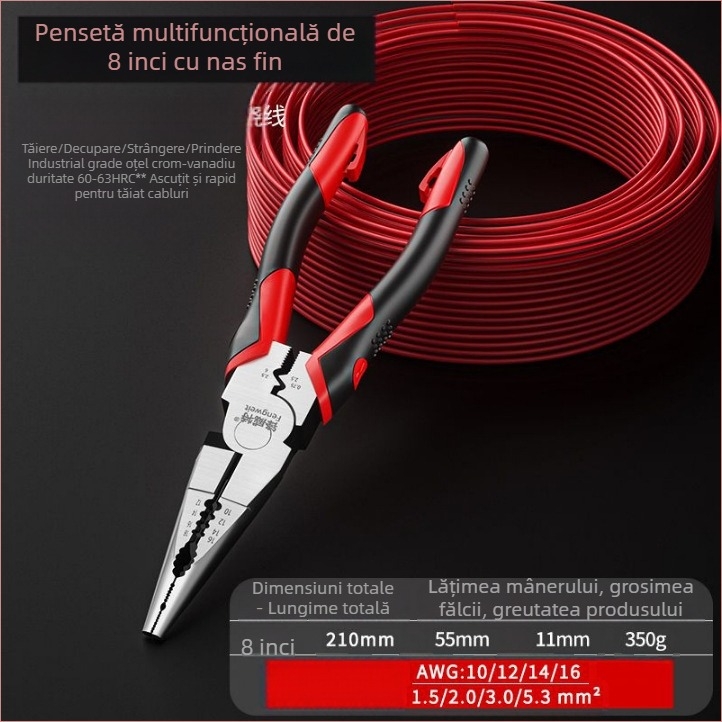 Clește pentru electricieni, clește multifuncțional cu mecanism excentric de economisire a efortului, clește universal industrial pentru tăierea sârmelor, capacitate de tăiere 4,6 mm