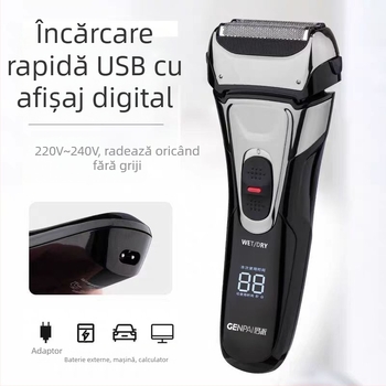 Aparat de ras electric cu cap plutitor, trei lame reciproce, lavabil, autonomie baterie 80 de minute, încărcare în 2 ore