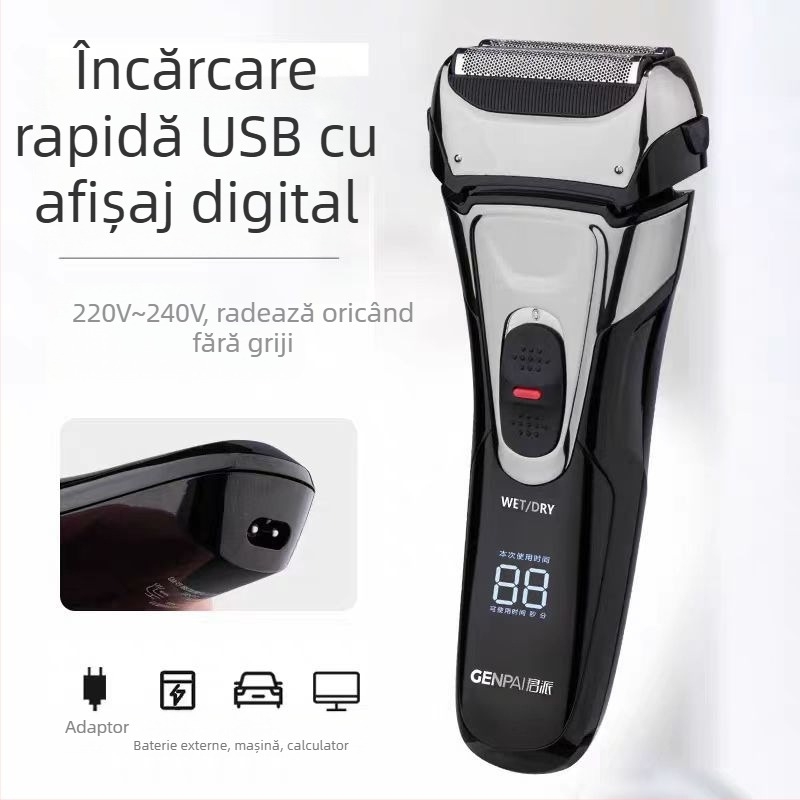 Aparat de ras electric cu cap plutitor, trei lame reciproce, lavabil, autonomie baterie 80 de minute, încărcare în 2 ore