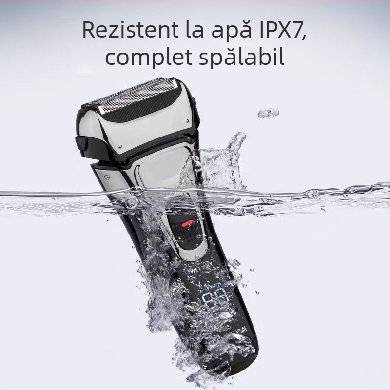 Aparat de ras electric cu cap plutitor, trei lame reciproce, lavabil, autonomie baterie 80 de minute, încărcare în 2 ore