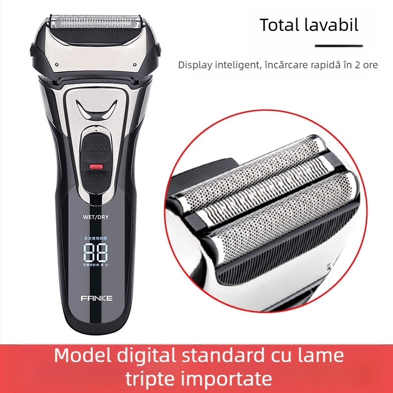Aparat de ras electric cu cap plutitor, trei lame reciproce, lavabil, autonomie baterie 80 de minute, încărcare în 2 ore