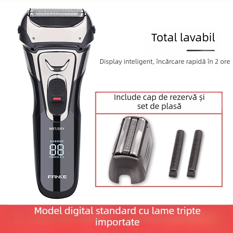 Aparat de ras electric cu cap plutitor, trei lame reciproce, lavabil, autonomie baterie 80 de minute, încărcare în 2 ore