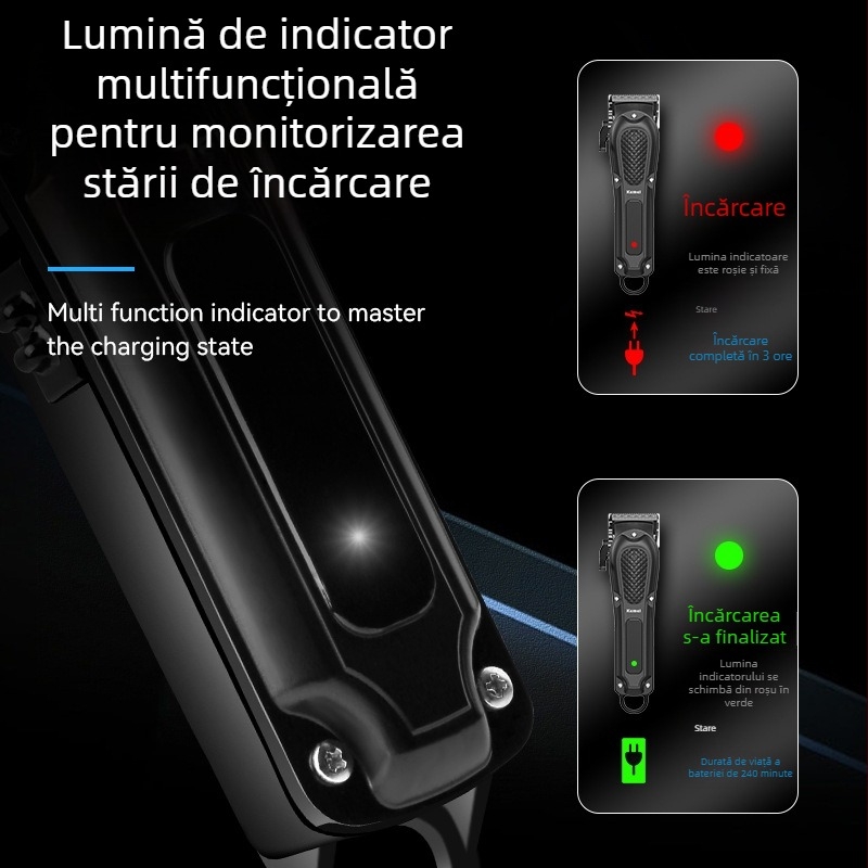 Kemei KM-1071 Aparat profesional de tuns păr electric cu încărcare USB, motor cu perii, cap de tăiere din oțel inoxidabil, carcasă ABS, baterie încorporată 1200–2000mAh, autonomie 1–3 ore