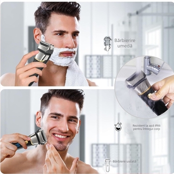 Aparat de ras electric cu cap reciprocant de 3 lame, afișaj LED, lavabil integral pentru corp, baterie încorporată de 500–800 mAh, autonomie până la 80 de minute