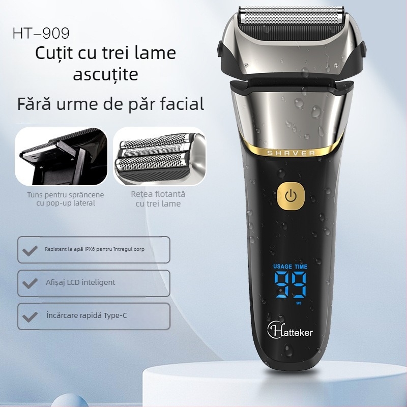 Aparat de ras electric cu cap reciprocant de 3 lame, afișaj LED, lavabil integral pentru corp, baterie încorporată de 500–800 mAh, autonomie până la 80 de minute