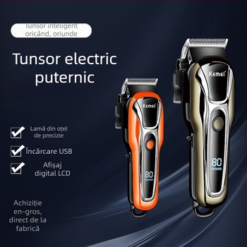 Mașină de tuns părul KM-1990PG – motor cu perii puternic, lamă din oțel inoxidabil, baterie încorporată 1200–2000mAh, afișaj LCD, încărcare USB