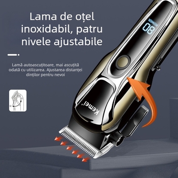 Mașină de tuns părul KM-1990PG – motor cu perii puternic, lamă din oțel inoxidabil, baterie încorporată 1200–2000mAh, afișaj LCD, încărcare USB