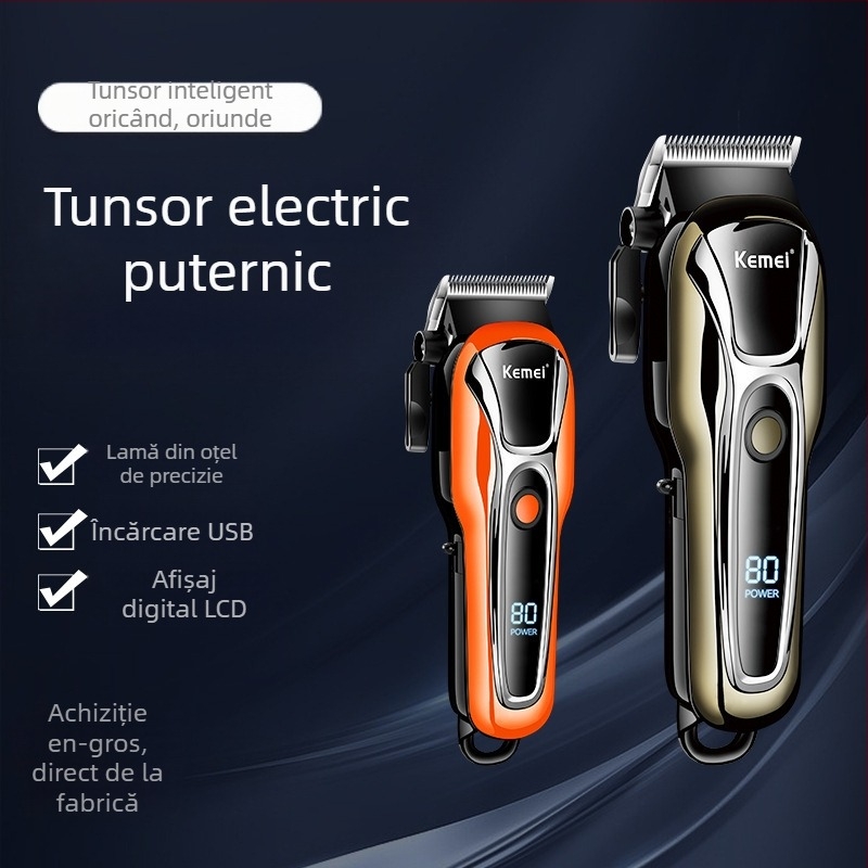 Mașină de tuns părul KM-1990PG – motor cu perii puternic, lamă din oțel inoxidabil, baterie încorporată 1200–2000mAh, afișaj LCD, încărcare USB
