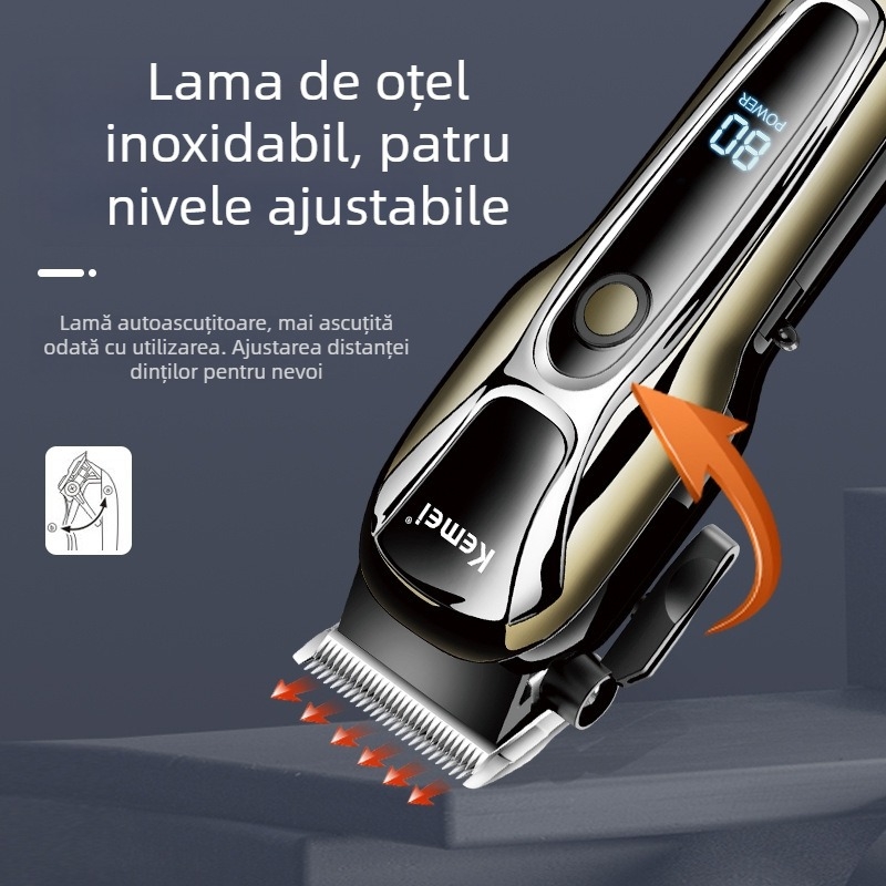Mașină de tuns părul KM-1990PG – motor cu perii puternic, lamă din oțel inoxidabil, baterie încorporată 1200–2000mAh, afișaj LCD, încărcare USB