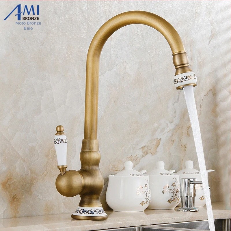 Robinet mixer bucătărie din cupru, supapă cu disc ceramic, montaj pe blat, finisaj antic, 0–90°C