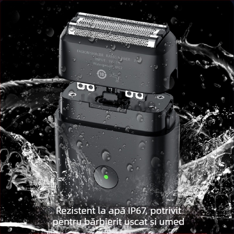 Mașină de ras electric IP67, lavabilă pe tot corpul, cap reciproc cu 3 lame, baterie încorporată 800-1000 mAh, reîncărcabilă, motor fără perii, zgomot redus