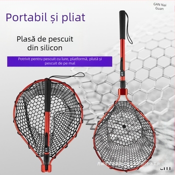 Plasă de pescuit pliabilă din silicon – set portabil pentru pescuit sportiv, pentru pești mari, adâncime a plaselor 30–35 cm, ochiuri groase, nu se contractă