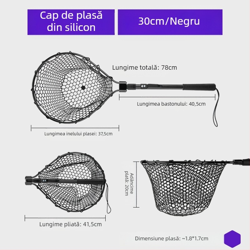 Plasă de pescuit pliabilă din silicon – set portabil pentru pescuit sportiv, pentru pești mari, adâncime a plaselor 30–35 cm, ochiuri groase, nu se contractă
