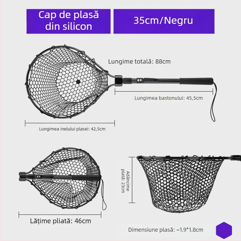 Plasă de pescuit pliabilă din silicon – set portabil pentru pescuit sportiv, pentru pești mari, adâncime a plaselor 30–35 cm, ochiuri groase, nu se contractă