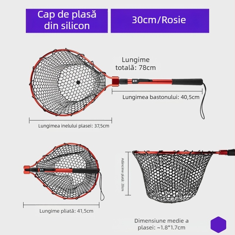 Plasă de pescuit pliabilă din silicon – set portabil pentru pescuit sportiv, pentru pești mari, adâncime a plaselor 30–35 cm, ochiuri groase, nu se contractă