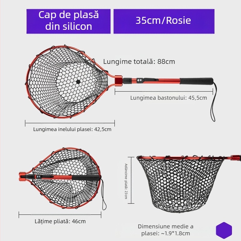 Plasă de pescuit pliabilă din silicon – set portabil pentru pescuit sportiv, pentru pești mari, adâncime a plaselor 30–35 cm, ochiuri groase, nu se contractă