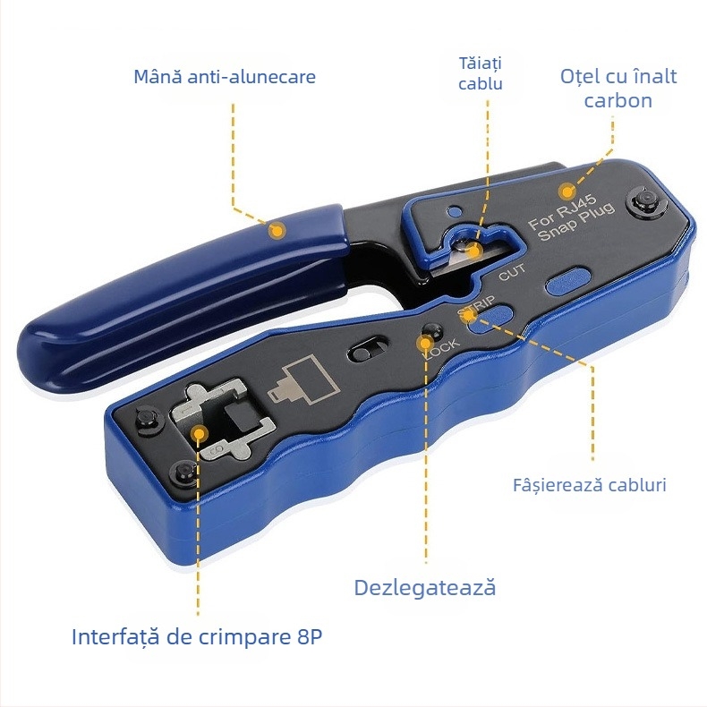 Clește multifuncțional pentru cabluri de rețea cu Through-Hole – 8P, crimpare și îndepărtarea izolației, Cat5e/Cat6, oțel carbon