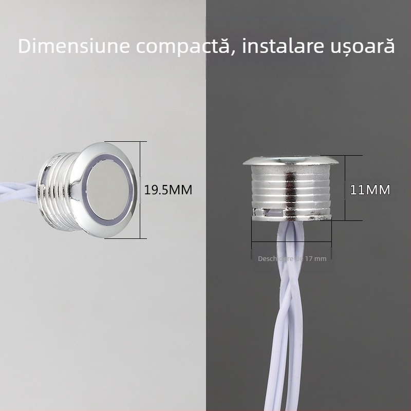 Iluminare pentru dulap cu senzor inteligent, întrerupător tactil extern și control de reglare a intensității luminii (12–24 V DC, întârziere reglabilă)