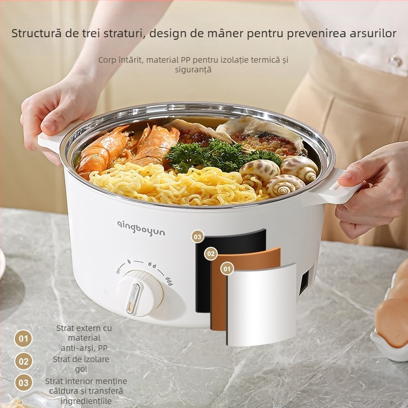 Oală electrică de gătit cu temperatură reglabilă, 400-800W, capacitate 2-3L, vas interior din oțel inoxidabil, funcții: abur, prăjit, gătit, fierbere