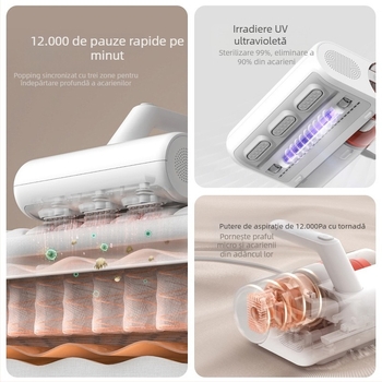 Aspirator pentru eliminarea acarienilor cu UV sterilizare și cap de duză pentru acarieni (cablu 2 m; tensiune 111–240 V; capacitate recipient praf 0.2–0.3 L)