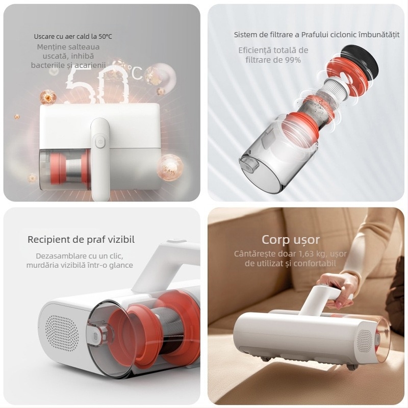 Aspirator pentru eliminarea acarienilor cu UV sterilizare și cap de duză pentru acarieni (cablu 2 m; tensiune 111–240 V; capacitate recipient praf 0.2–0.3 L)