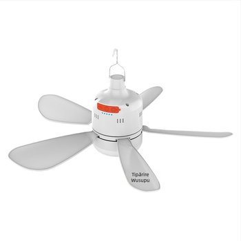 Lampă cu ventilator pentru camping, telecomandă, reglaj fin al luminii, 3 viteze de flux de aer, autonomie 6–8 ore