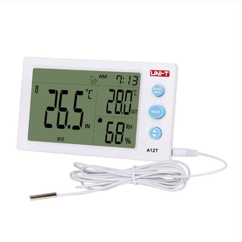UNI-T Digital Temperatură și Umiditate cu sondă, montaj pe birou sau pe perete – interval -10°C până la 50°C, 10–99% RH, rezoluție 0,1°C, precizie ±1°C, LCD de 4,5 inch