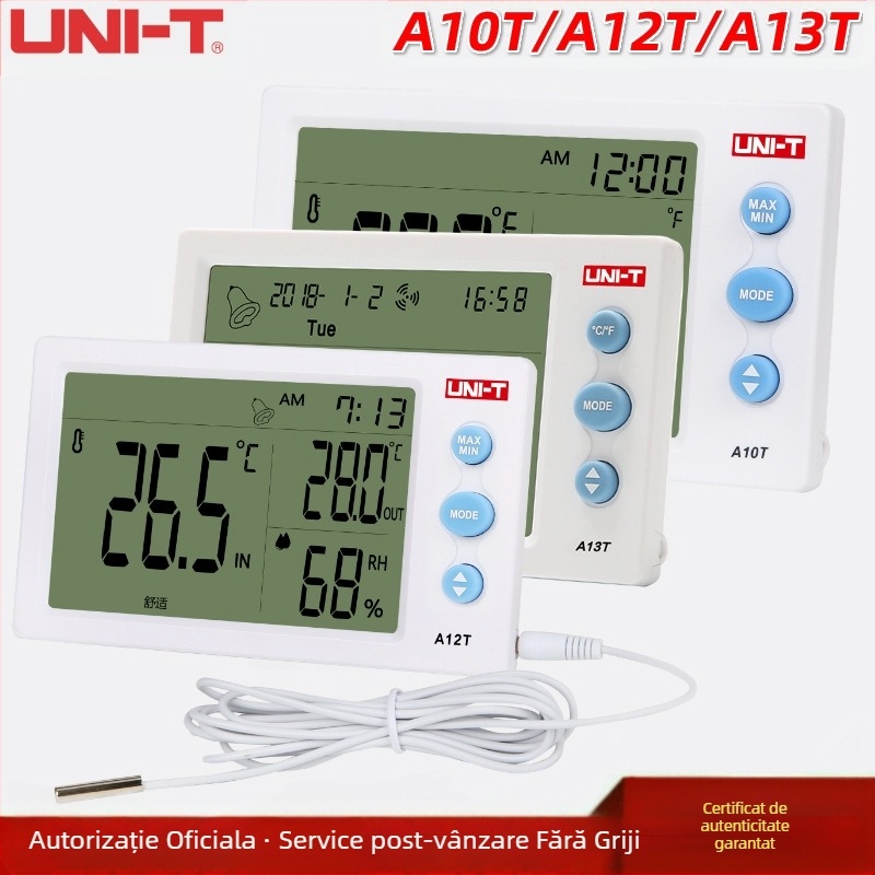 UNI-T Digital Temperatură și Umiditate cu sondă, montaj pe birou sau pe perete – interval -10°C până la 50°C, 10–99% RH, rezoluție 0,1°C, precizie ±1°C, LCD de 4,5 inch