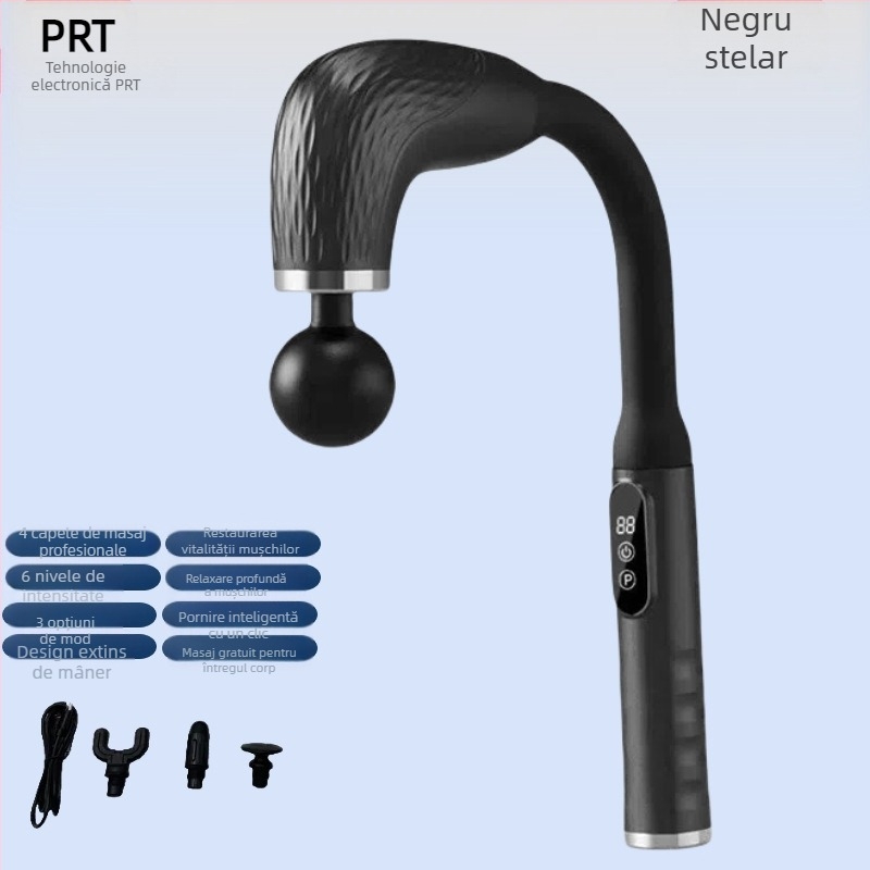 Fascia gun portabil cu 4 capete, motor cu perii, 5 niveluri de viteză, baterie încorporată 1200–2000 mAh, zgomot redus 36–45 dB