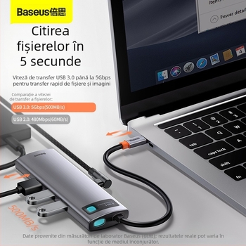 Baseus Metal Microlight Series hub Type-C 8-în-1, USB 3.0, cablu de 0,25 m, fără alimentare externă