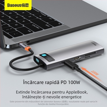 Baseus Metal Microlight Series hub Type-C 8-în-1, USB 3.0, cablu de 0,25 m, fără alimentare externă