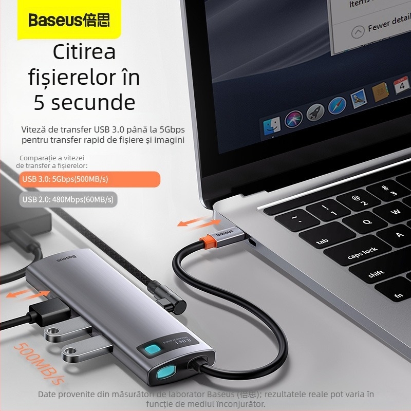 Baseus Metal Microlight Series hub Type-C 8-în-1, USB 3.0, cablu de 0,25 m, fără alimentare externă
