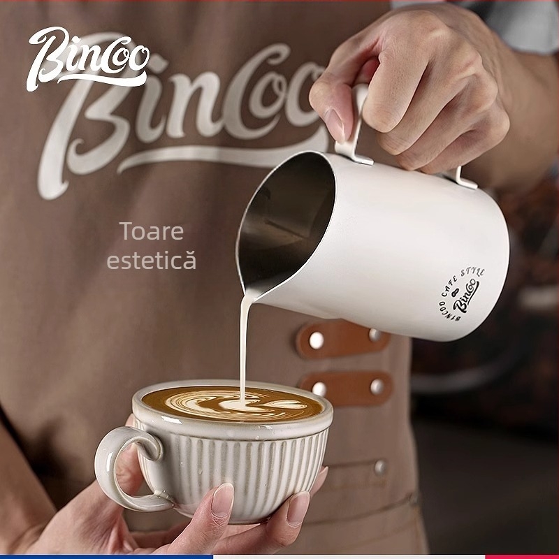 Bin Coo cană de lapte din oțel inoxidabil pentru latte art, stil modern minimalist, cu logo imprimat, 0,3 kg