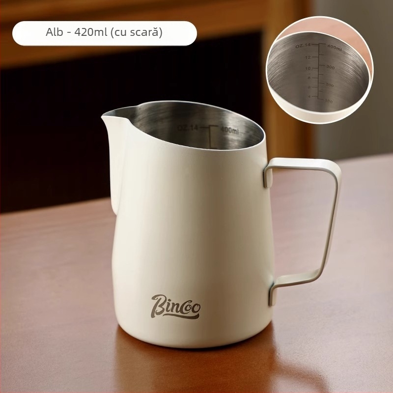 Bin Coo cană de lapte din oțel inoxidabil pentru latte art, stil modern minimalist, cu logo imprimat, 0,3 kg