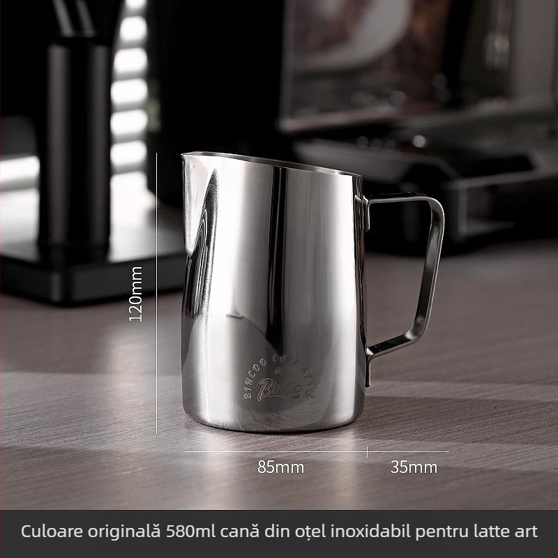 Bin Coo cană de lapte din oțel inoxidabil pentru latte art, stil modern minimalist, cu logo imprimat, 0,3 kg
