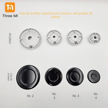 Capac din fier pentru aragaz + set distribuitor de flacără — instalare manuală • Marcă: threemi • Model: Flat fire cover + flame distributor set • Greutate netă: 500 g