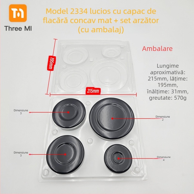 Capac din fier pentru aragaz + set distribuitor de flacără — instalare manuală • Marcă: threemi • Model: Flat fire cover + flame distributor set • Greutate netă: 500 g