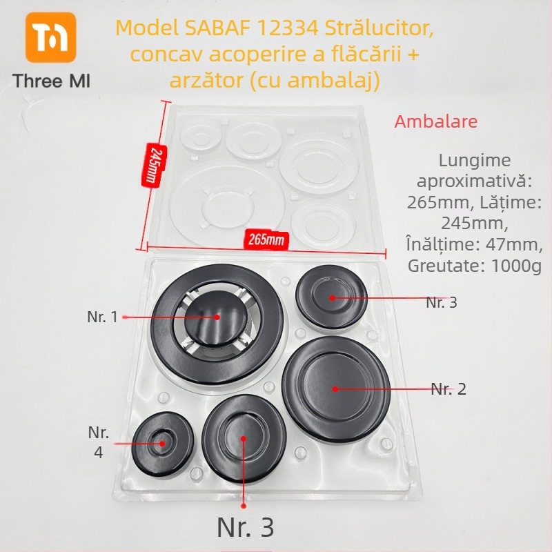 Capac din fier pentru aragaz + set distribuitor de flacără — instalare manuală • Marcă: threemi • Model: Flat fire cover + flame distributor set • Greutate netă: 500 g