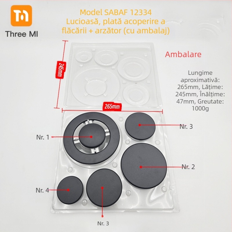 Capac din fier pentru aragaz + set distribuitor de flacără — instalare manuală • Marcă: threemi • Model: Flat fire cover + flame distributor set • Greutate netă: 500 g
