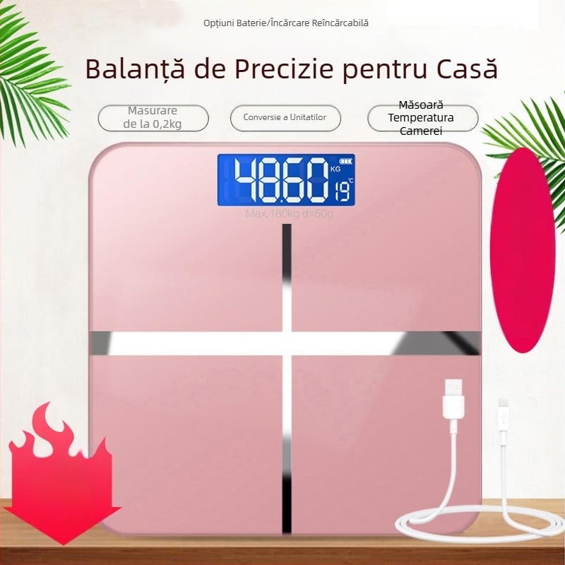 SUZI Cântar pentru uz casnic, capacitate 180 kg, alimentare USB sau baterii AA, cântar corp