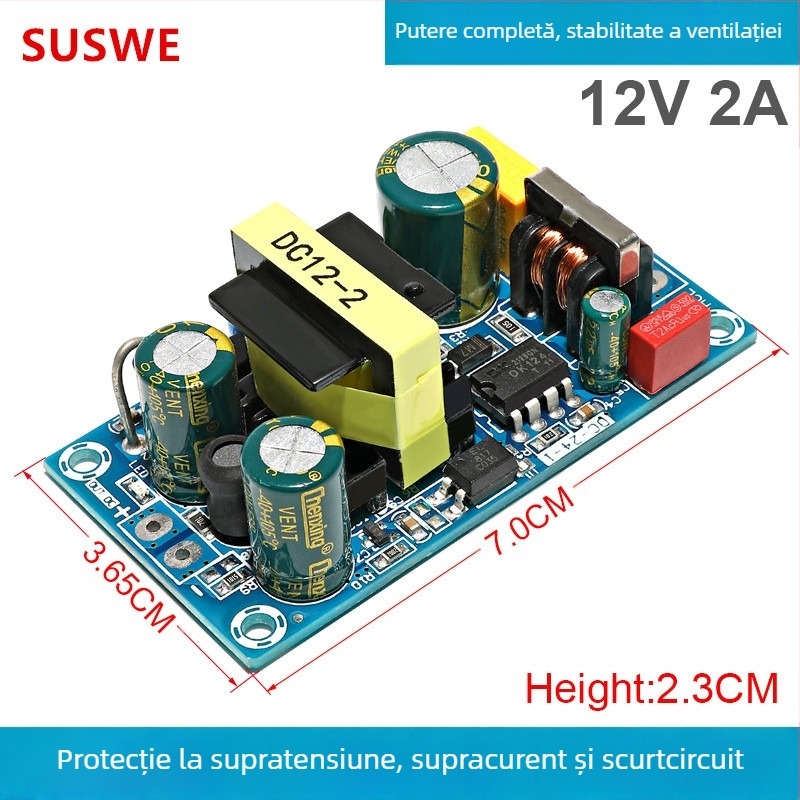 SUSWE Placă de alimentare cu comutator pentru încălzire pernă scaun, modul încorporat, ieșire 24V/12V, eficiență 88%, greutate 202 g, protecție nivel II