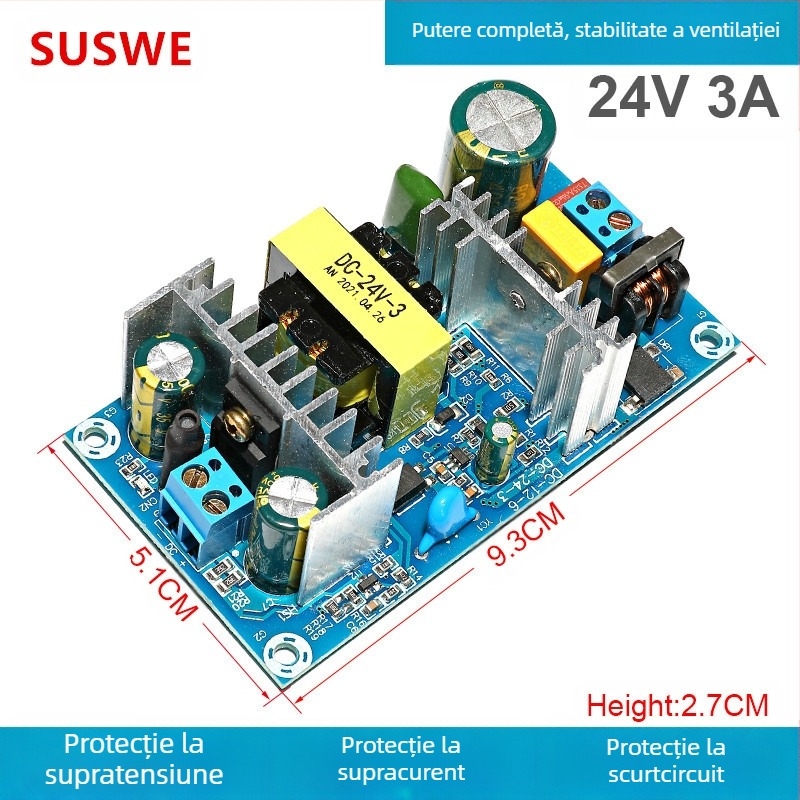 SUSWE Placă de alimentare cu comutator pentru încălzire pernă scaun, modul încorporat, ieșire 24V/12V, eficiență 88%, greutate 202 g, protecție nivel II