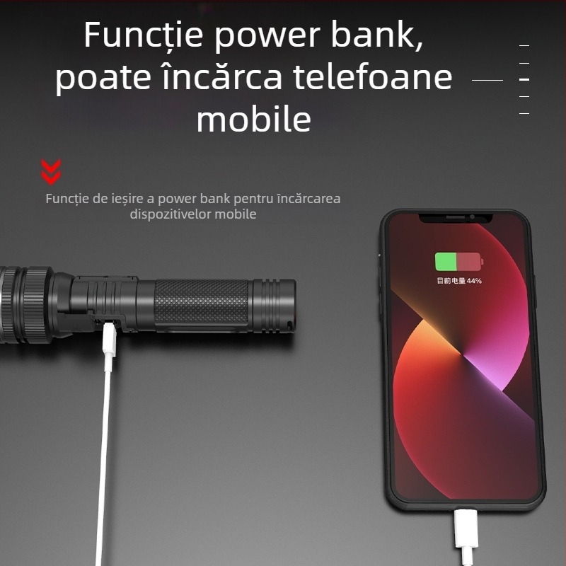 Focar LED de mână cu focalizare reglabilă, 10W, 800 lm, afișaj digital, baterie 18650