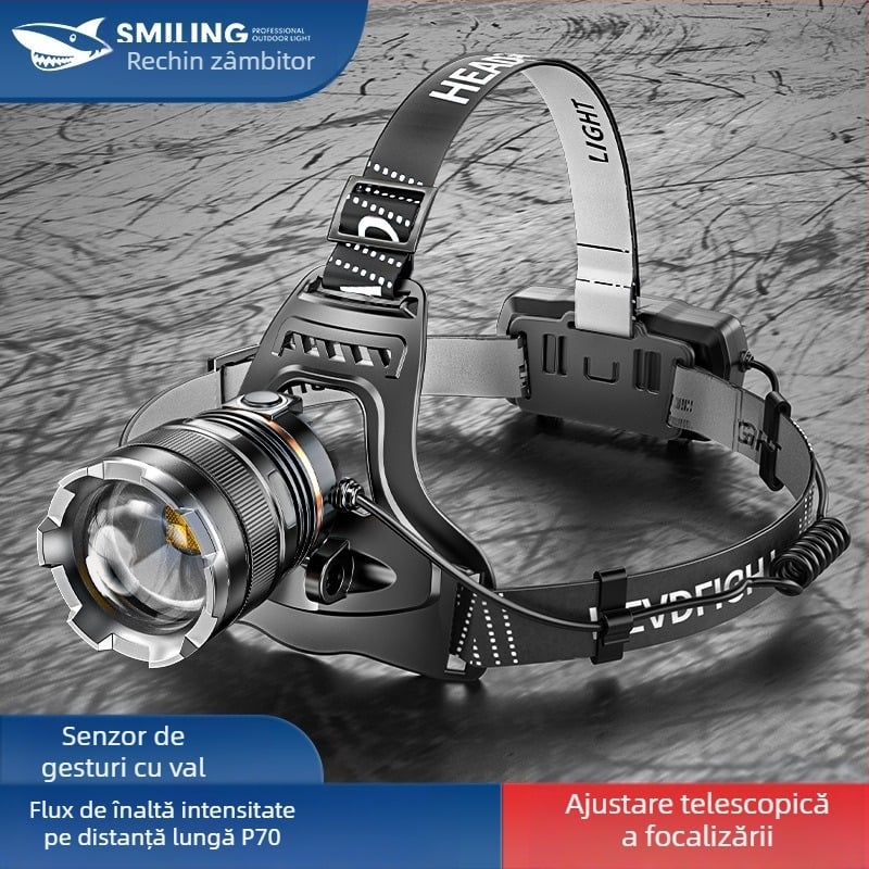 Smiling Shark LED Far de cap, aliaj de aluminiu, baterie reîncărcabilă 4400mAh, rază 100–200 m, LED sursă de lumină