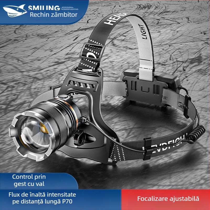 Smiling Shark LED Far de cap, aliaj de aluminiu, baterie reîncărcabilă 4400mAh, rază 100–200 m, LED sursă de lumină