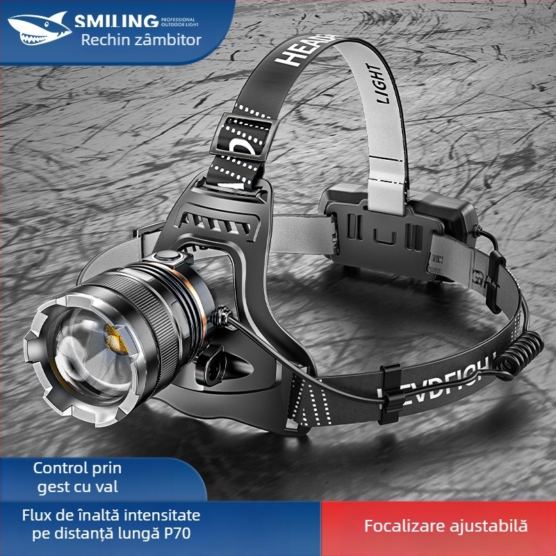 Smiling Shark LED Far de cap, aliaj de aluminiu, baterie reîncărcabilă 4400mAh, rază 100–200 m, LED sursă de lumină