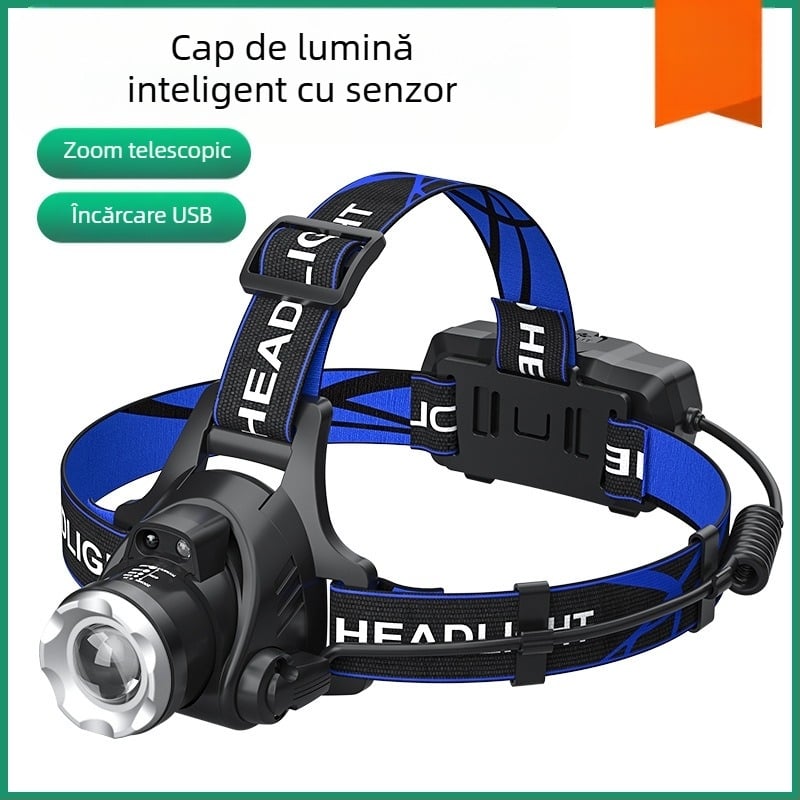 Frontala LED pentru cap T6 cu zoom reglabil, încărcare USB, 10W și baterie 1200mAh, rotație la 360°, rază 100–200m