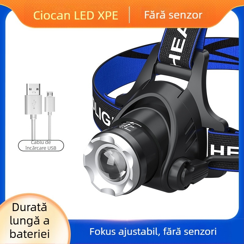 Frontala LED pentru cap T6 cu zoom reglabil, încărcare USB, 10W și baterie 1200mAh, rotație la 360°, rază 100–200m